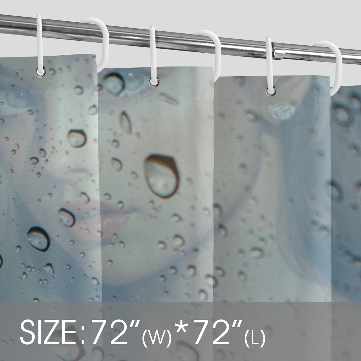 Shower curtain with water droplets and size label '72" (W) * 72" (L)'