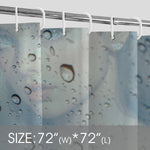 Shower curtain with water droplets and size label '72" (W) * 72" (L)'