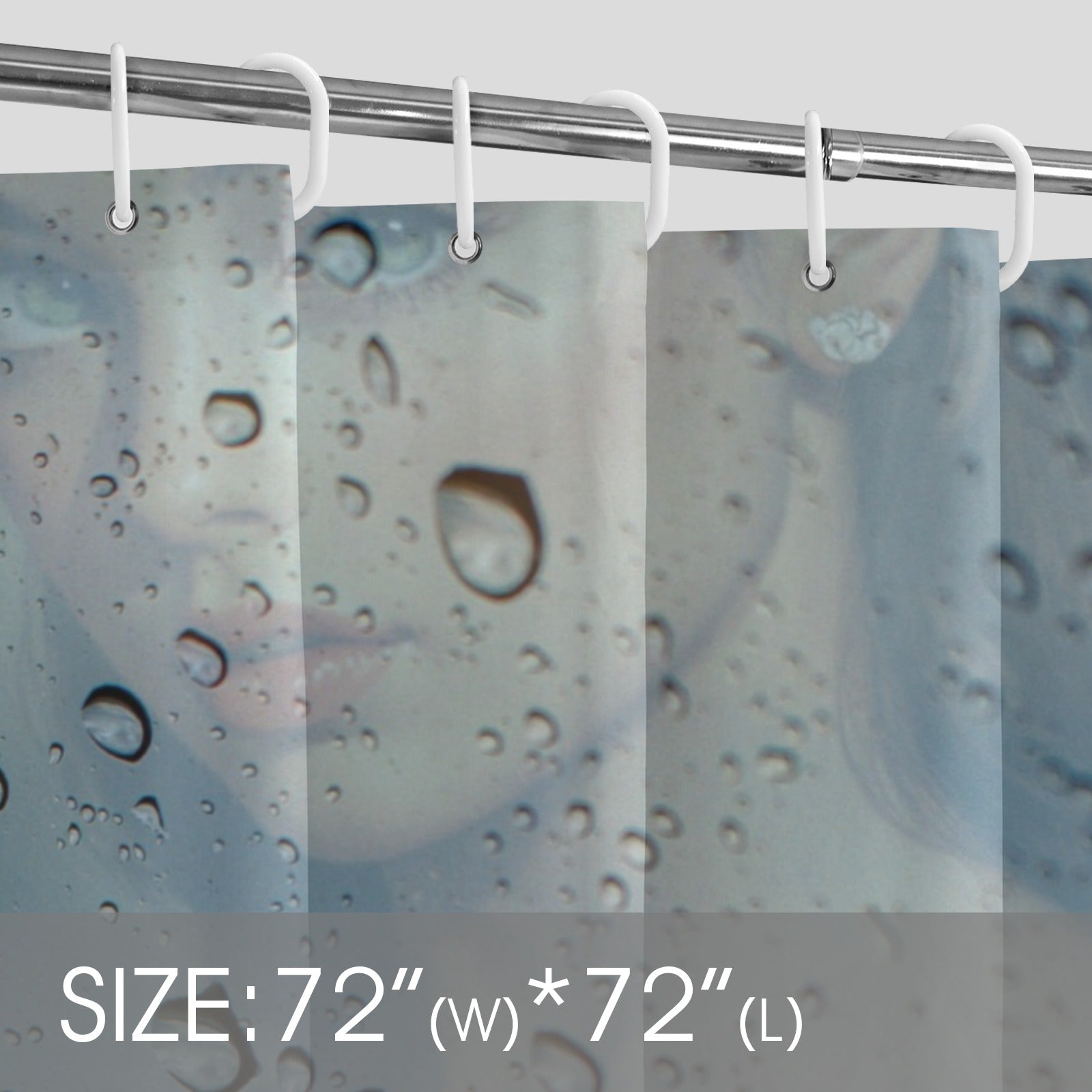 Shower curtain with water droplets and size label '72" (W) * 72" (L)'