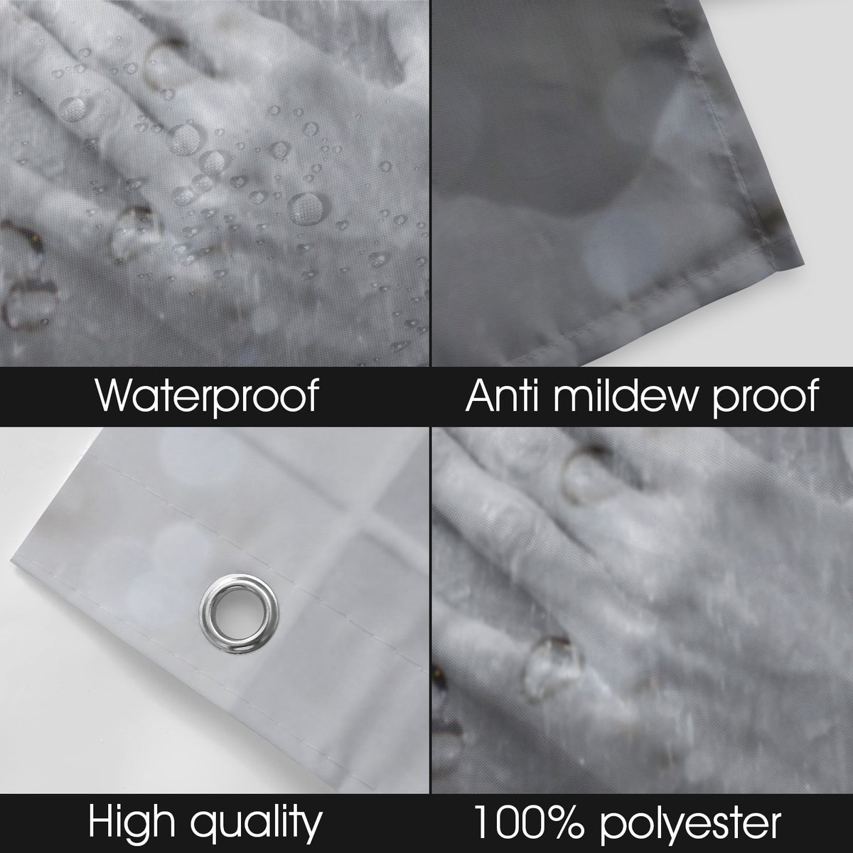 Textured fabric with water droplets, a metal eyelet, and text indicating waterproof, anti-mildew proof, high quality, and 100% polyester features.