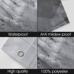 Textured fabric with water droplets, a metal eyelet, and text indicating waterproof, anti-mildew proof, high quality, and 100% polyester features.