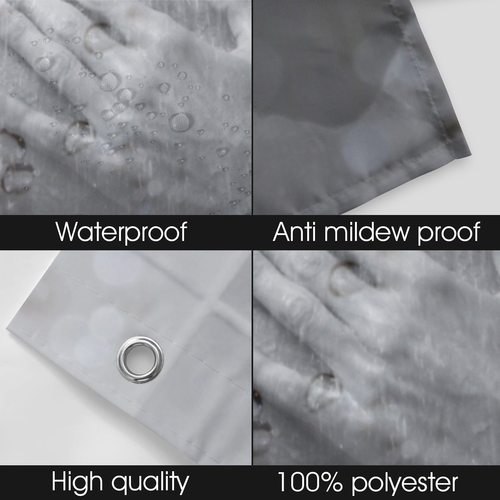 Textured fabric with water droplets, a metal eyelet, and text indicating waterproof, anti-mildew proof, high quality, and 100% polyester features.