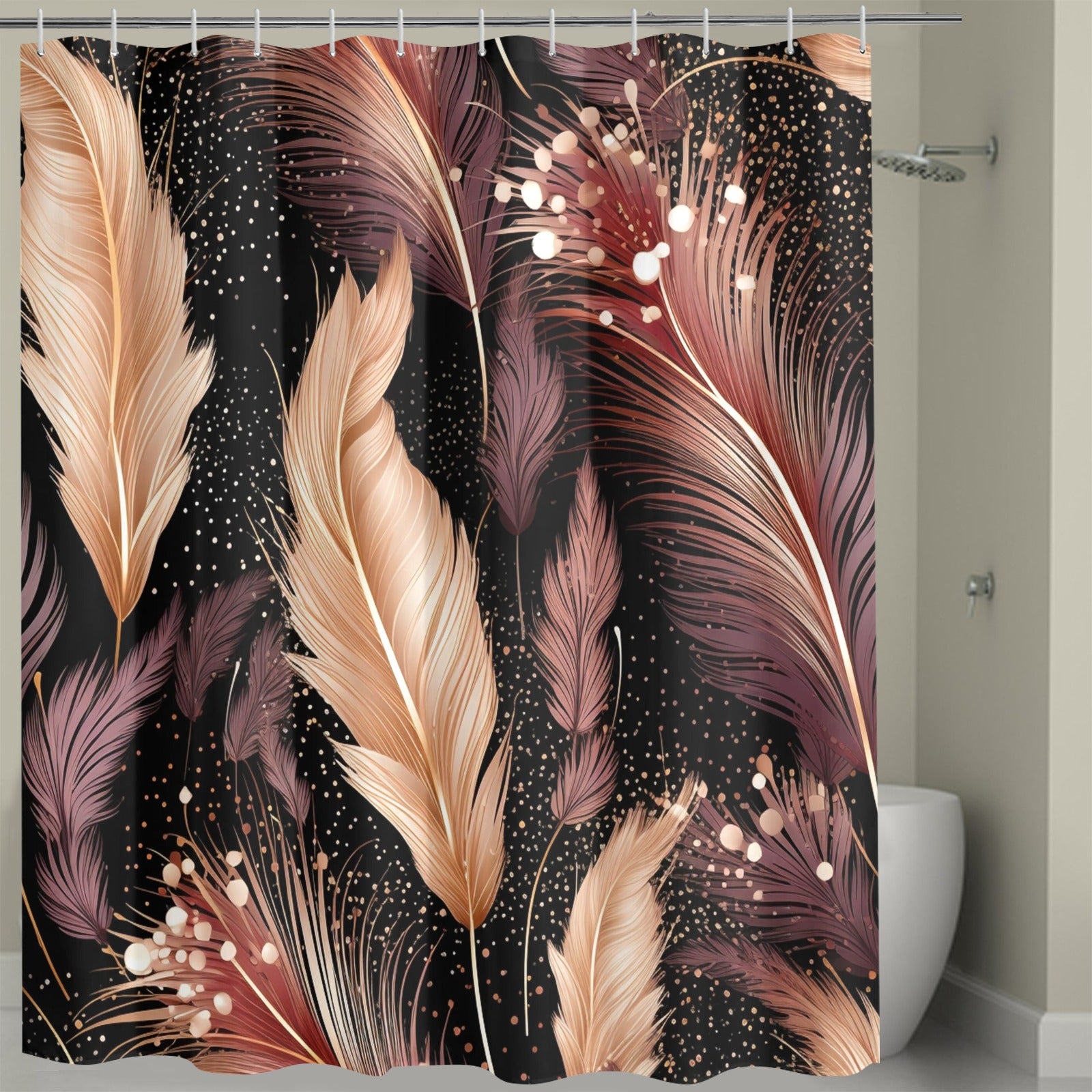Shower curtain with feather design in a bathroom setting