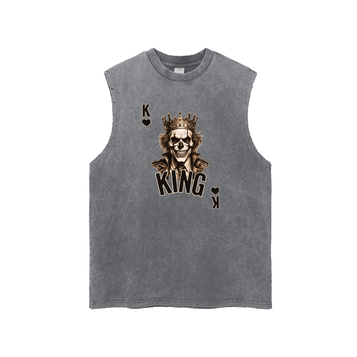 A mens sleeveless gray tank top featuring a graphic of a crowned skull playing king of hearts, with the word 'KING' and heart suit symbols printed on the front.