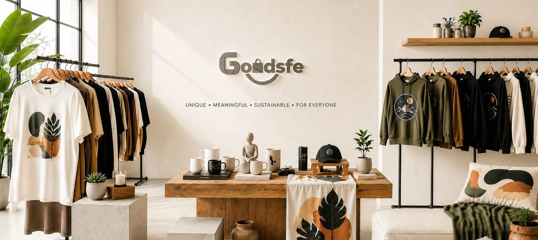 Modern boutique with minimalist decor displays eco-friendly clothing, mugs, hats, and home goods. Earth-toned shirts with abstract plant prints hang on racks. A wooden table holds mugs, a cap, and a Buddha statue. "Goldsfe" logo and slogan on the wall.