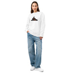 women’s sweatshirt features a small embroidered cute cat design