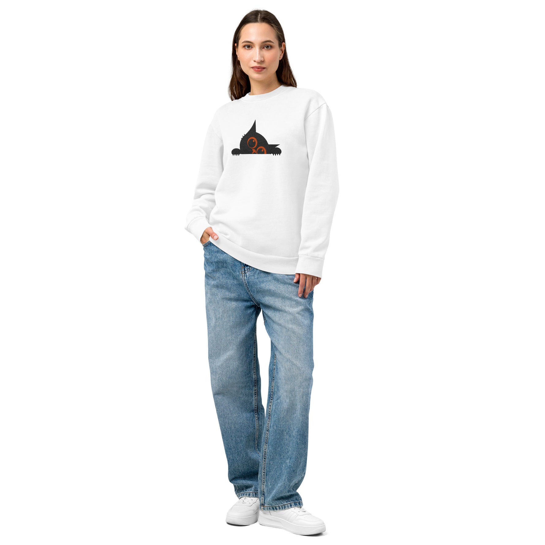 women’s sweatshirt features a small embroidered cute cat design