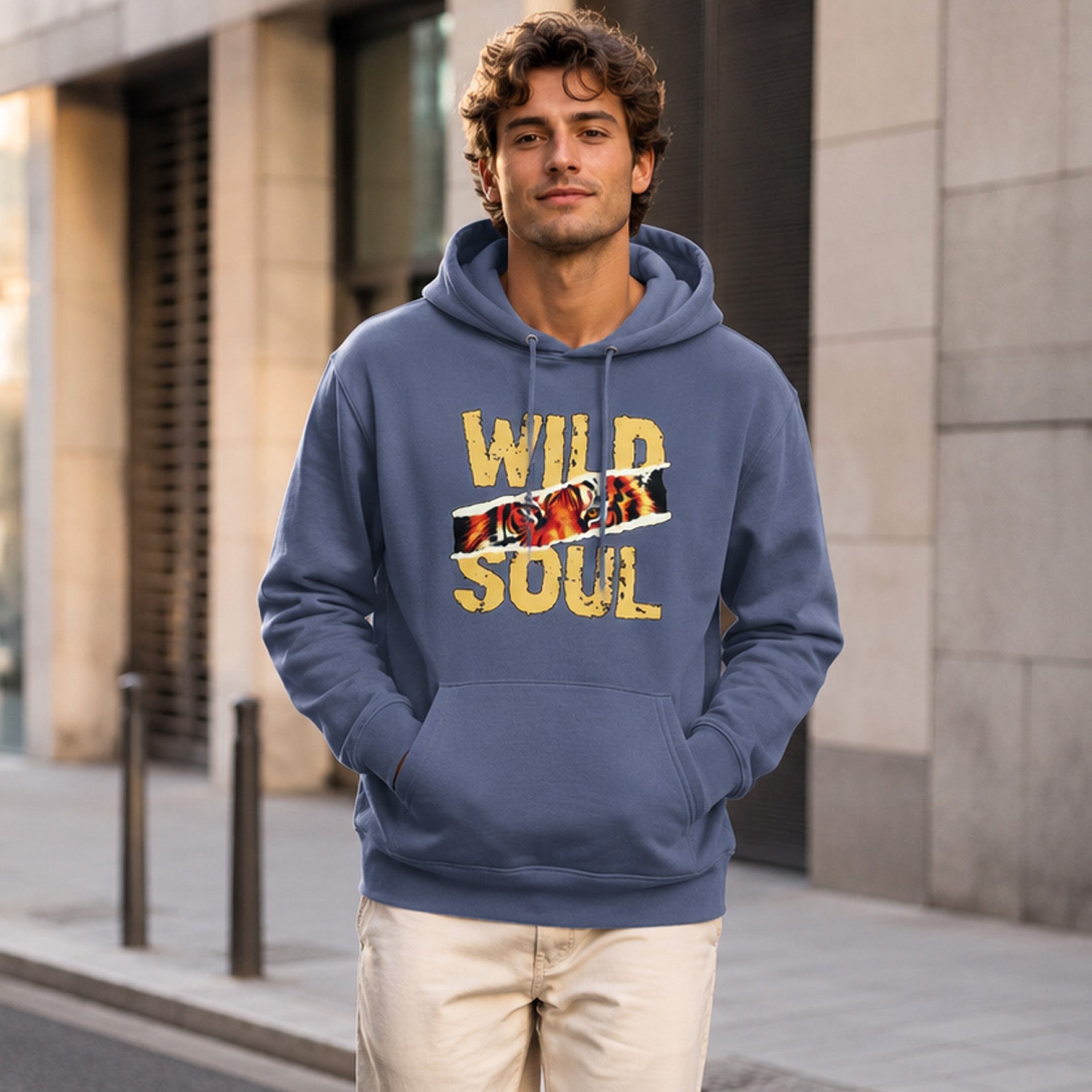 Man wearing a blue hoodie with 'Wild Soul' text and graphic, standing on a street.