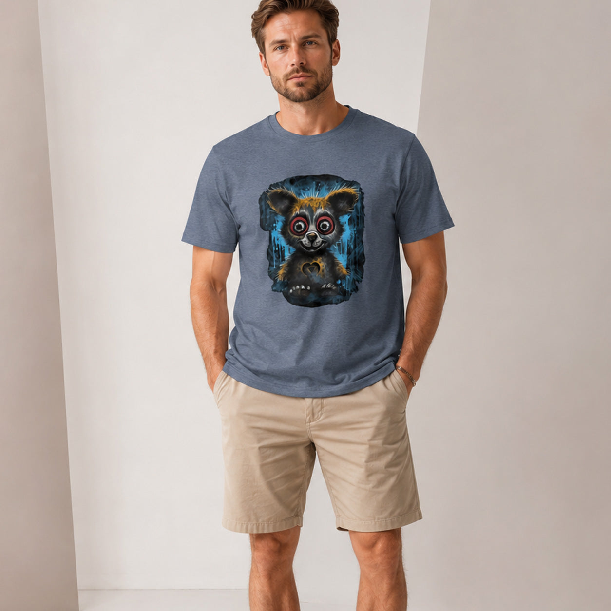 Man wearing a blue t-shirt with a raccoon graphic design against a plain background