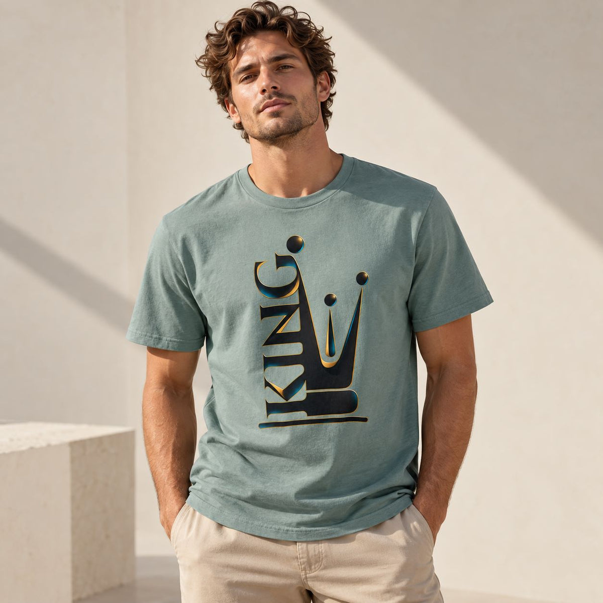 A man wearing a sage green graphic t-shirt with a black and gold crown design that spells 'KING'.