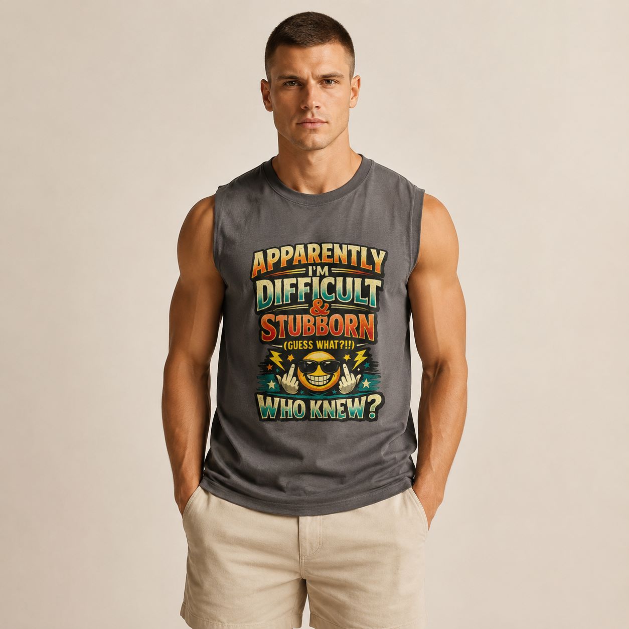 A muscular man wearing a dark gray sleeveless muscle tank top with a colorful graphic text print that reads 'APPARENTLY IN DIFFICULT & STUBORN (GUESS WHAT?!)' and 'WHO KNEW?'. He is also wearing beige shorts, standing against a solid light beige background.