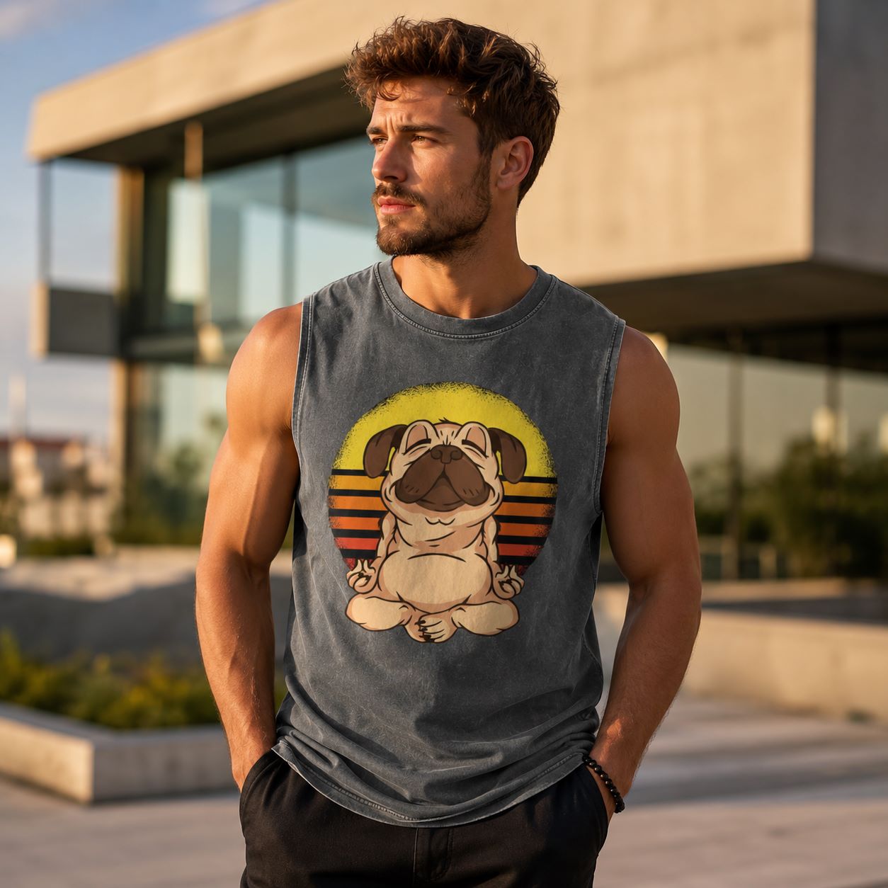 Man wearing a sleeveless shirt with a pug graphic in an urban setting