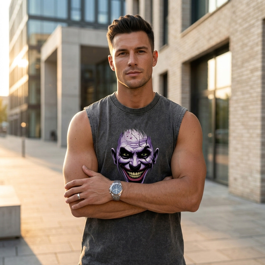 Man wearing a tank top with a graphic design outdoors