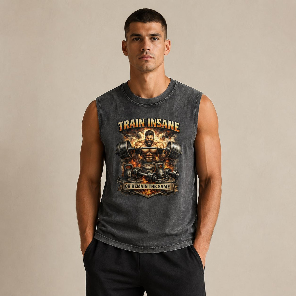 Man wearing a sleeveless shirt with a motivational graphic and text.