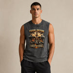 Man wearing a sleeveless shirt with a motivational graphic and text.