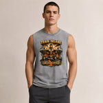 Man wearing a sleeveless shirt with a motivational graphic and text.