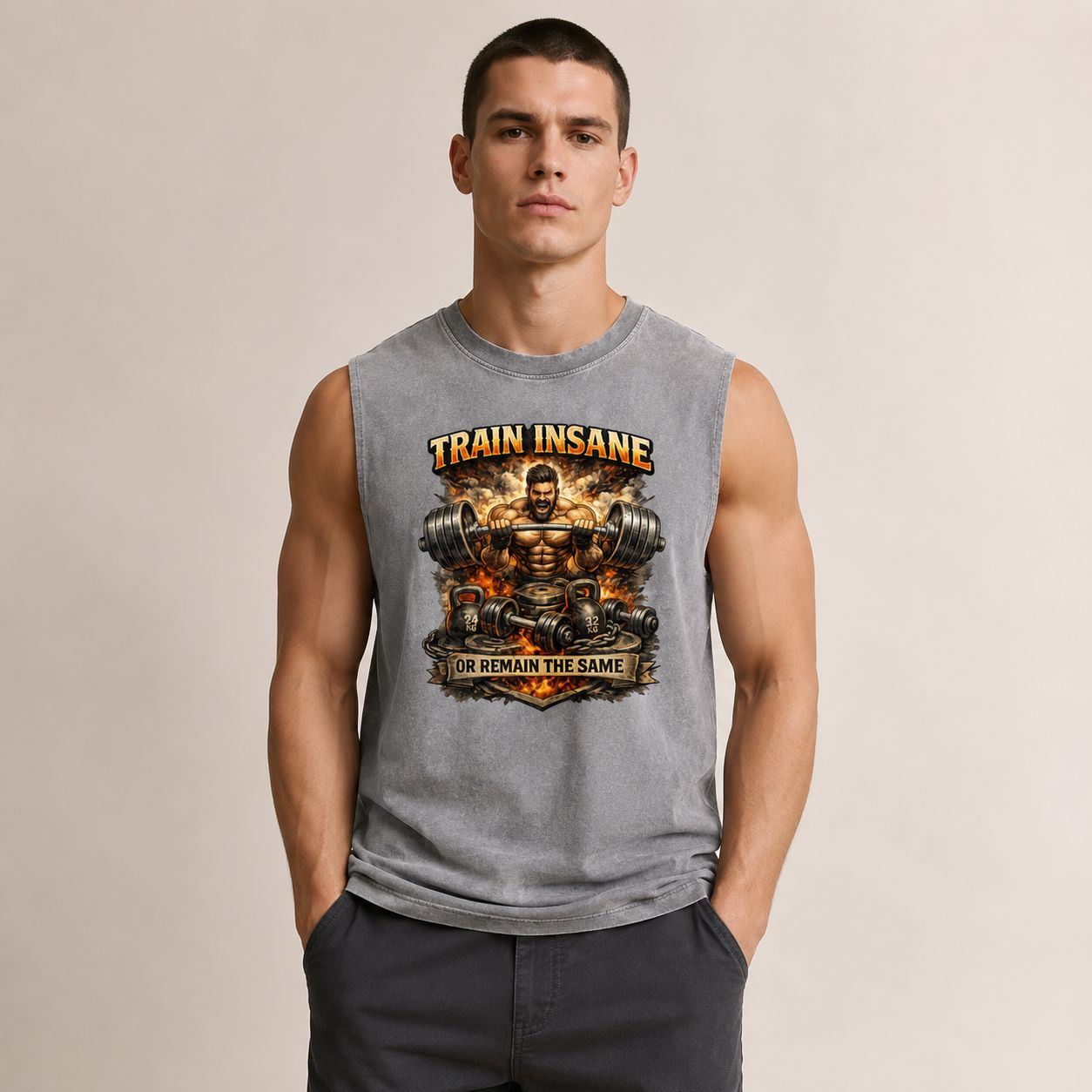 Man wearing a sleeveless shirt with a motivational graphic and text.