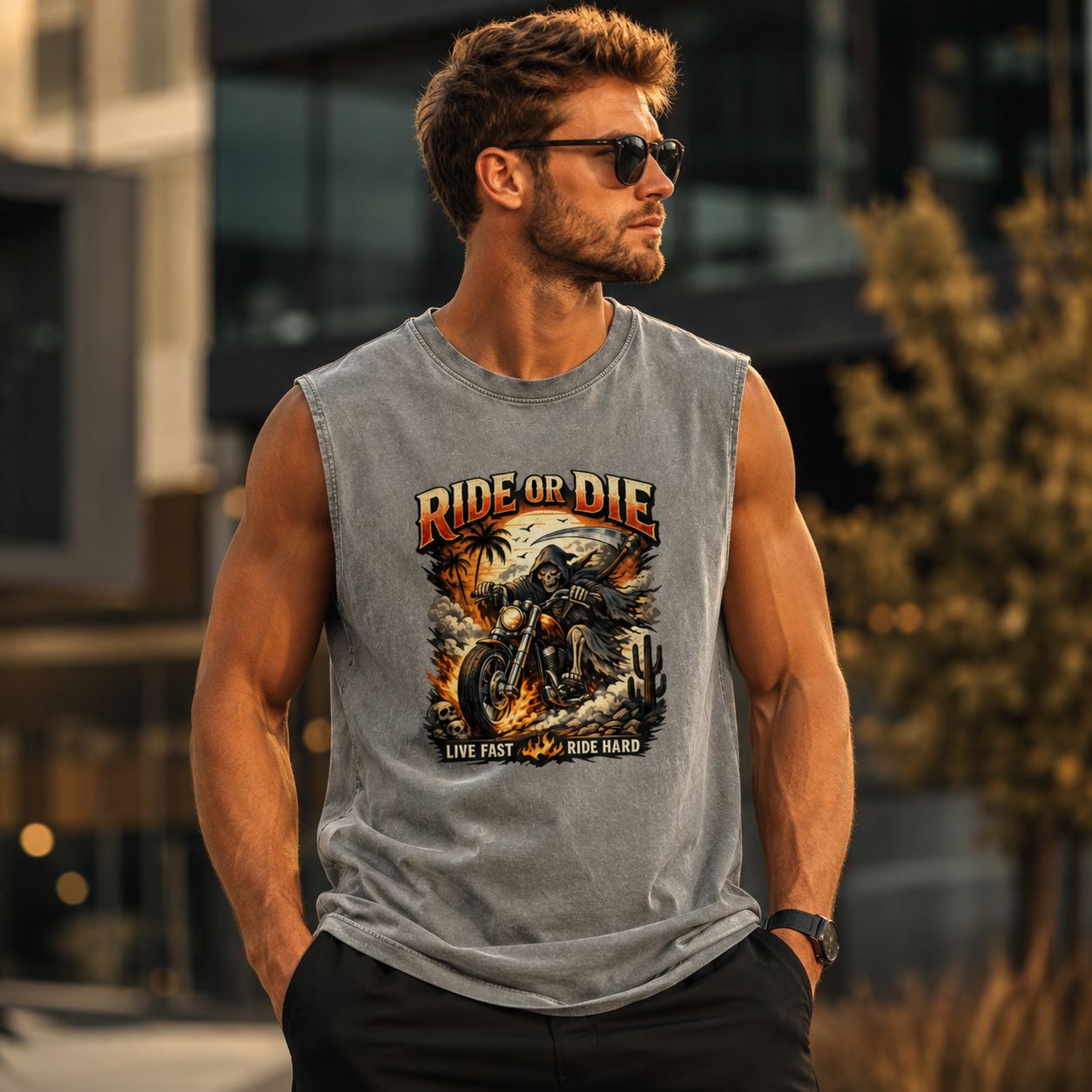 Man wearing a sleeveless shirt with 'Ride or Die' graphic design outdoors.