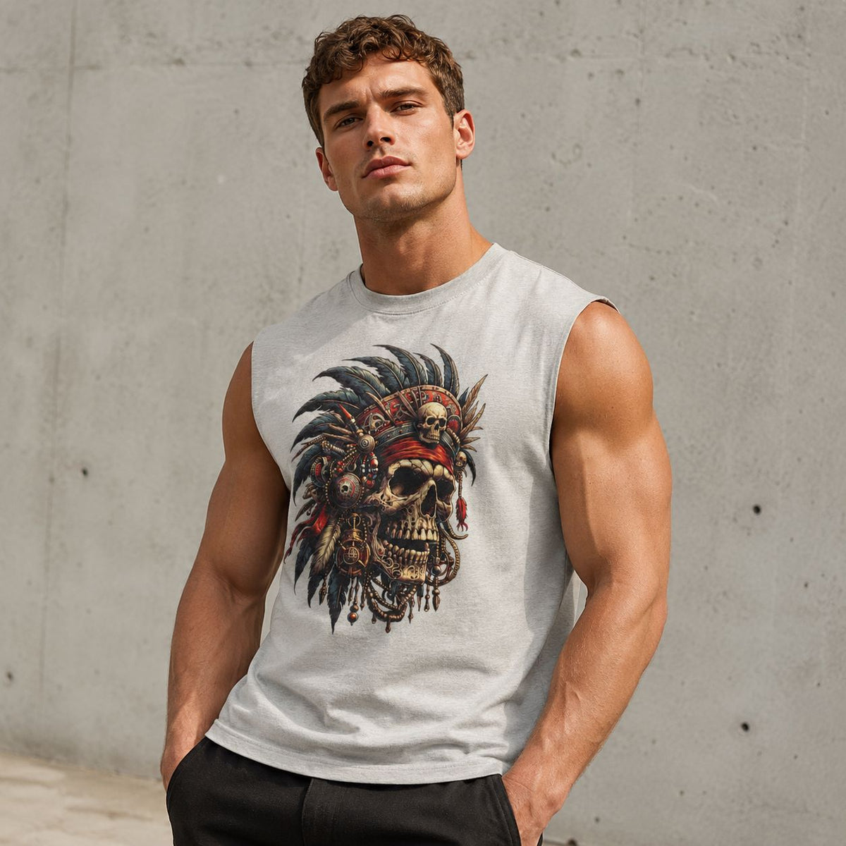 A muscular man wearing a light gray sleeveless muscle tank top with a large graphic print of a skull wearing a feathered headdress, posed against a textured concrete wall.