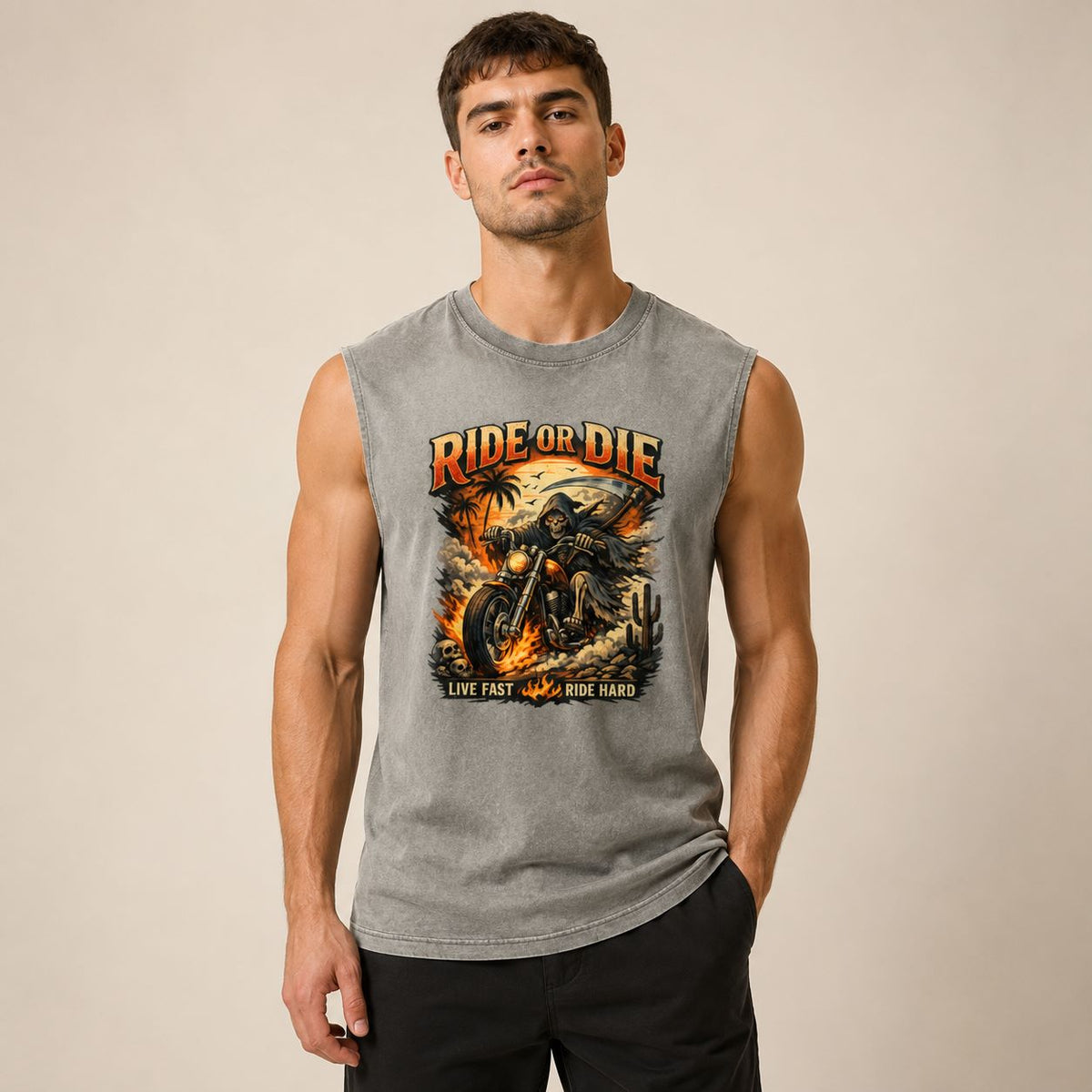 Man wearing a sleeveless shirt with 'Ride or Die' graphic design on a beige background