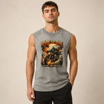 Man wearing a sleeveless shirt with 'Ride or Die' graphic design on a beige background
