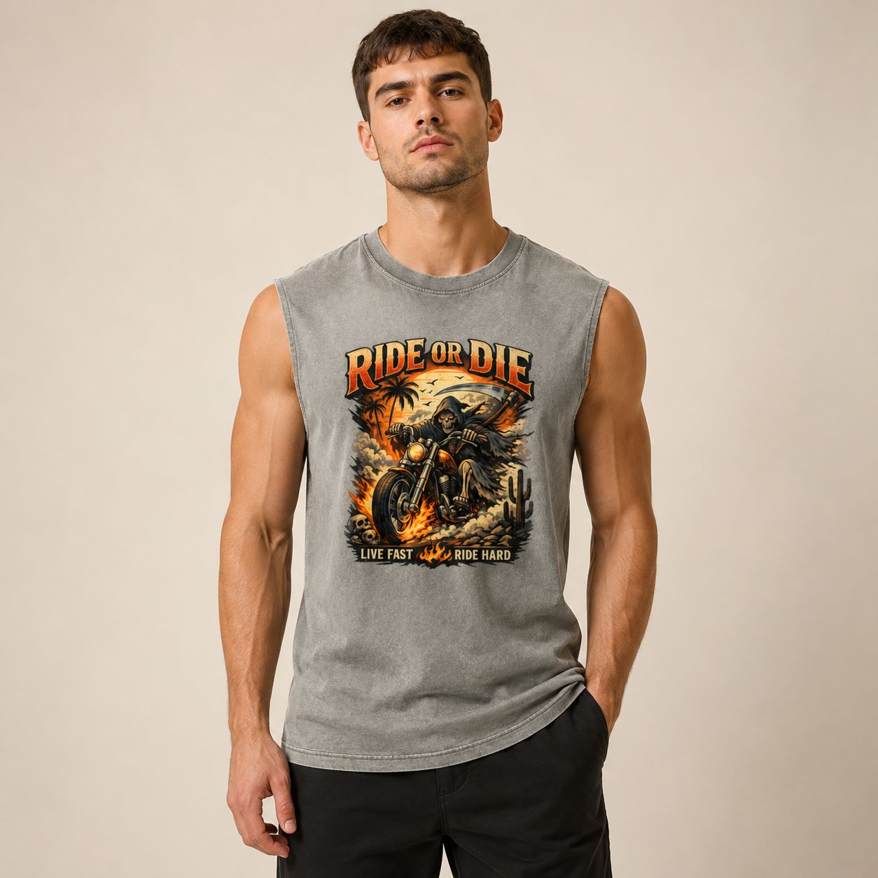 Man wearing a sleeveless shirt with 'Ride or Die' graphic design on a beige background