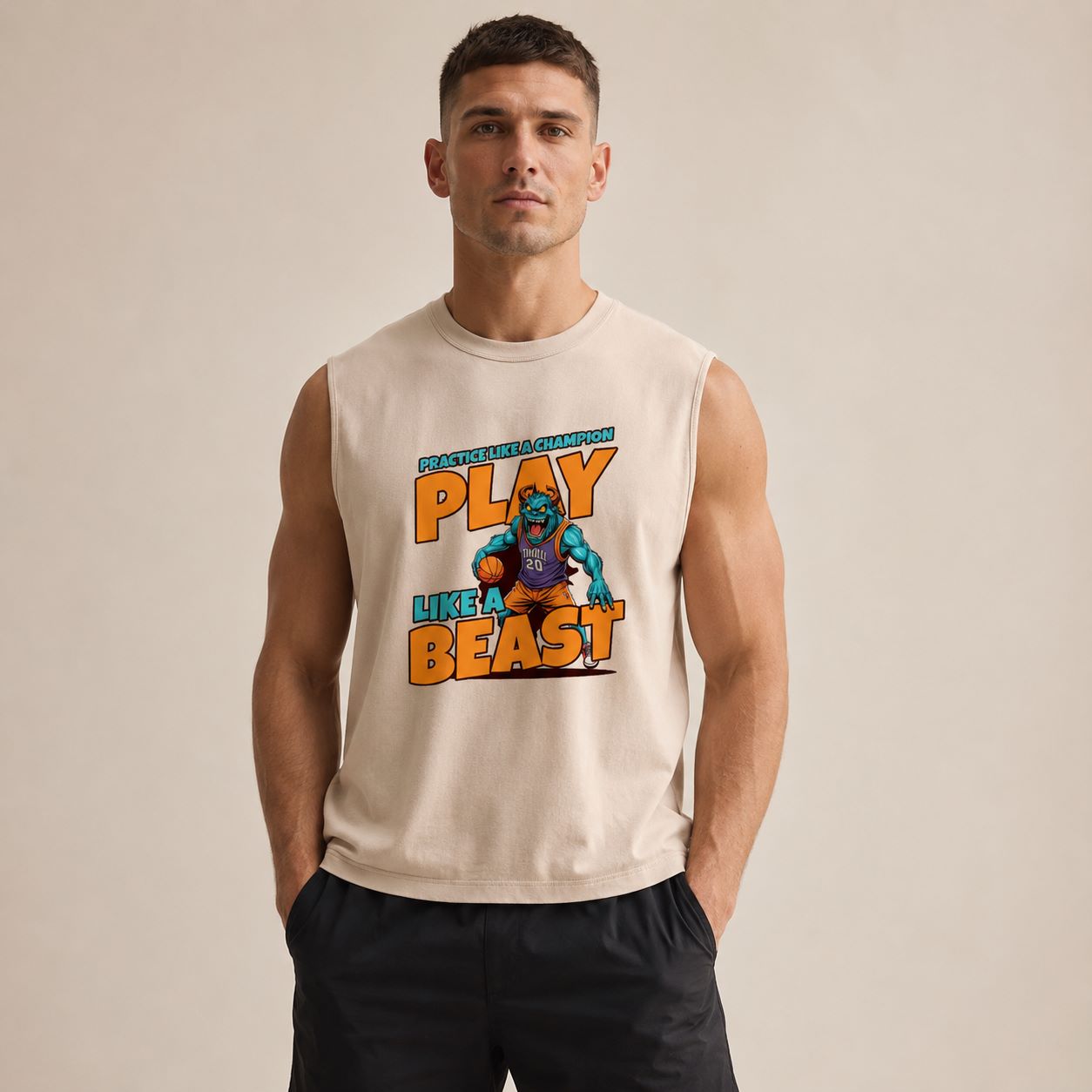 A man wearing a sleeveless beige muscle tank top with a colorful graphic print that reads 'PLAY LIKE A BEAST' and 'BORN TO BE THE BEAST'.
