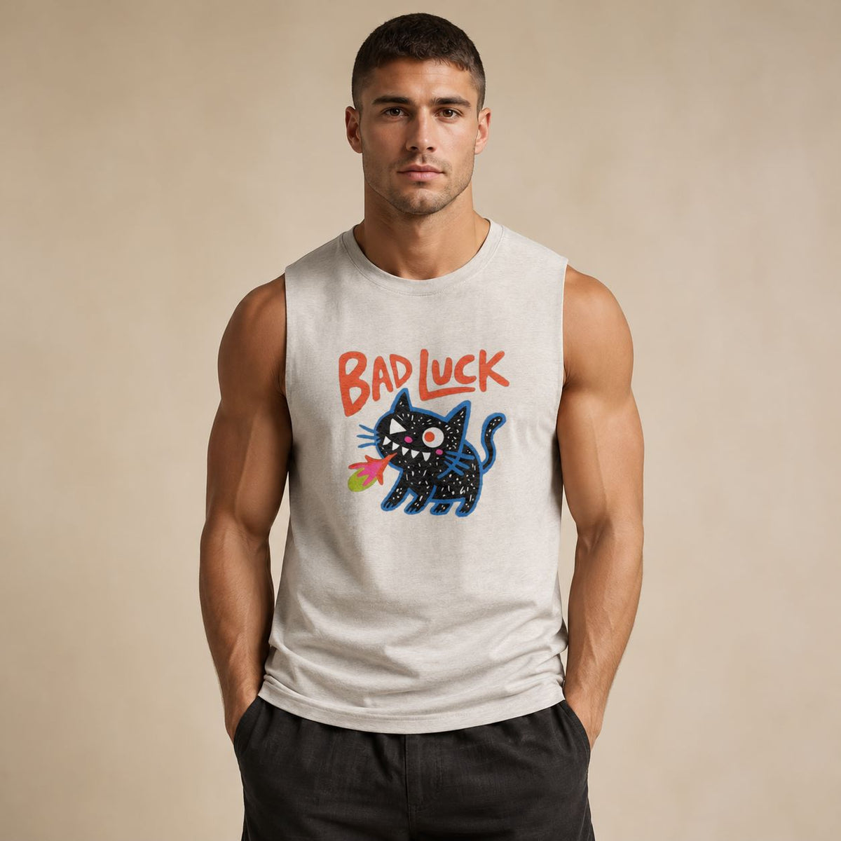 A muscular man wearing a sleeveless white tank top with a graphic of a black cat and the text 'BAD LUCK' in red, paired with dark gray pants, standing against a beige background.