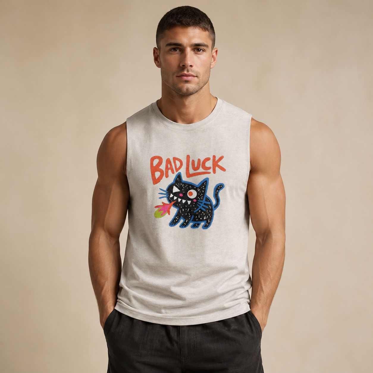 A muscular man wearing a sleeveless white tank top with a graphic of a black cat and the text 'BAD LUCK' in red, paired with dark gray pants, standing against a beige background.
