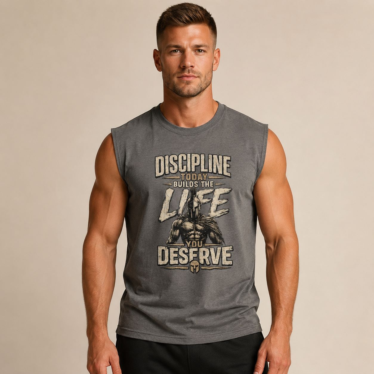 A muscular man wearing a heather gray sleeveless muscle tank top with a graphic print that reads 'DISCIPLINE TODAY BUILDS THE LIFE YOU DESERVE' and shows a bodybuilder illustration. The background is a solid warm beige studio backdrop.