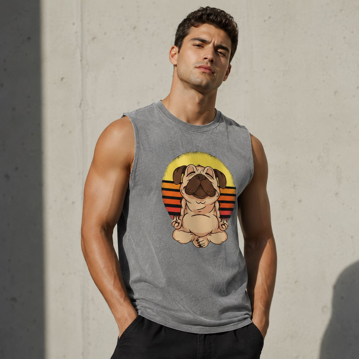 Man wearing a sleeveless shirt with a pug graphic against a concrete wall.