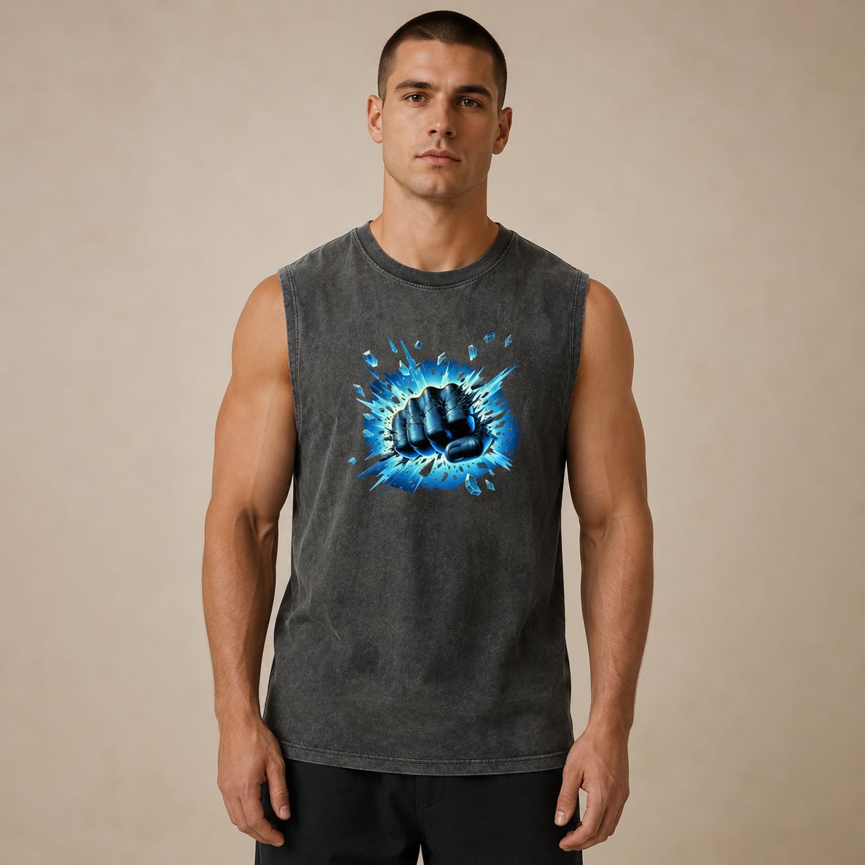 Man wearing a dark gray sleeveless shirt with a blue graphic design on a beige background
