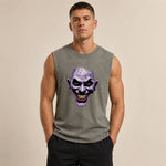 Man wearing a sleeveless shirt with a graphic design on a beige background
