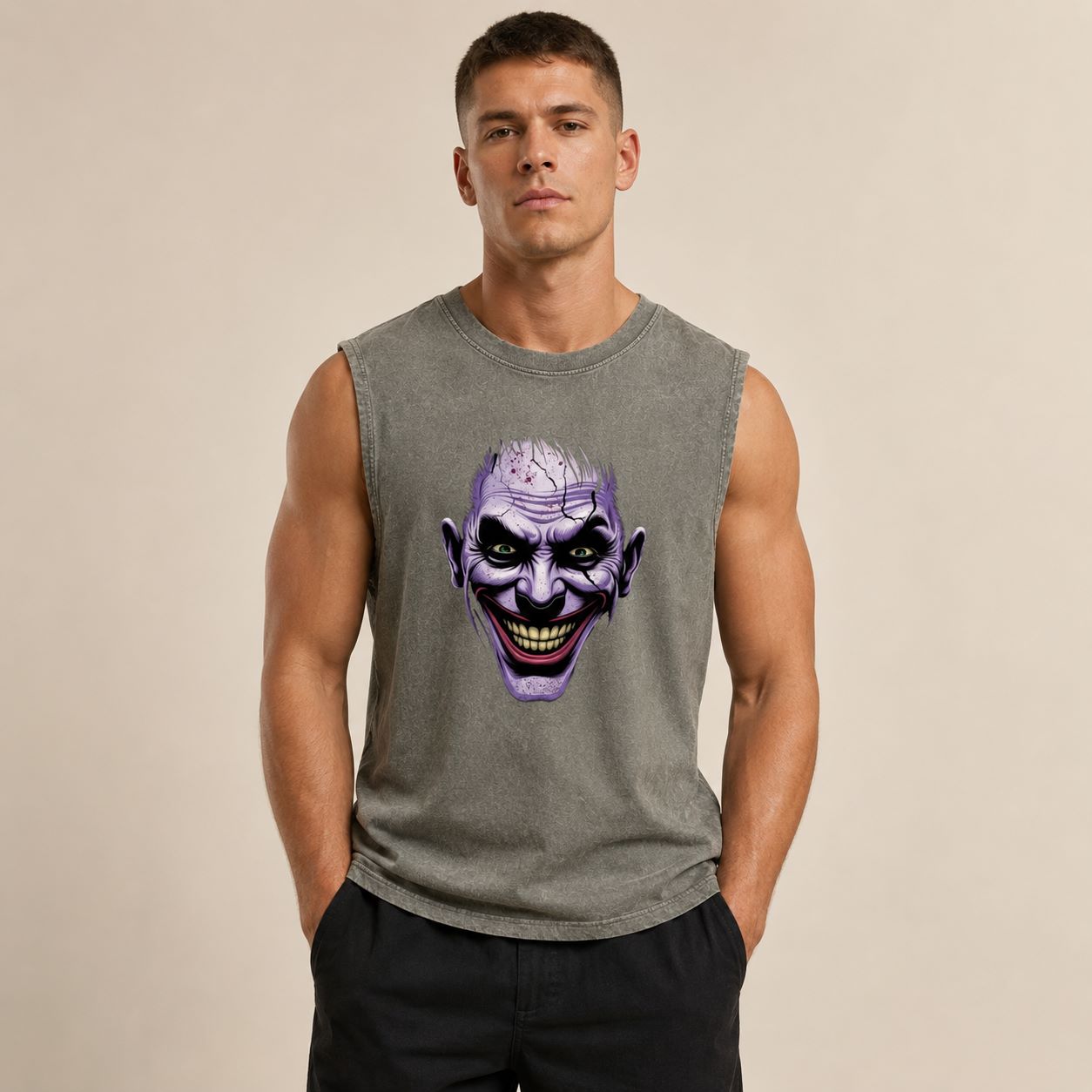 Man wearing a sleeveless shirt with a graphic design on a beige background