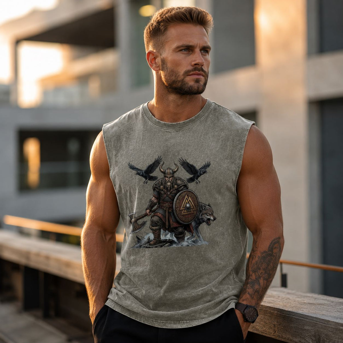 A muscular man wearing a gray sleeveless t-shirt with a Viking warrior graphic print, standing outdoors on a balcony with a blurred modern building background.