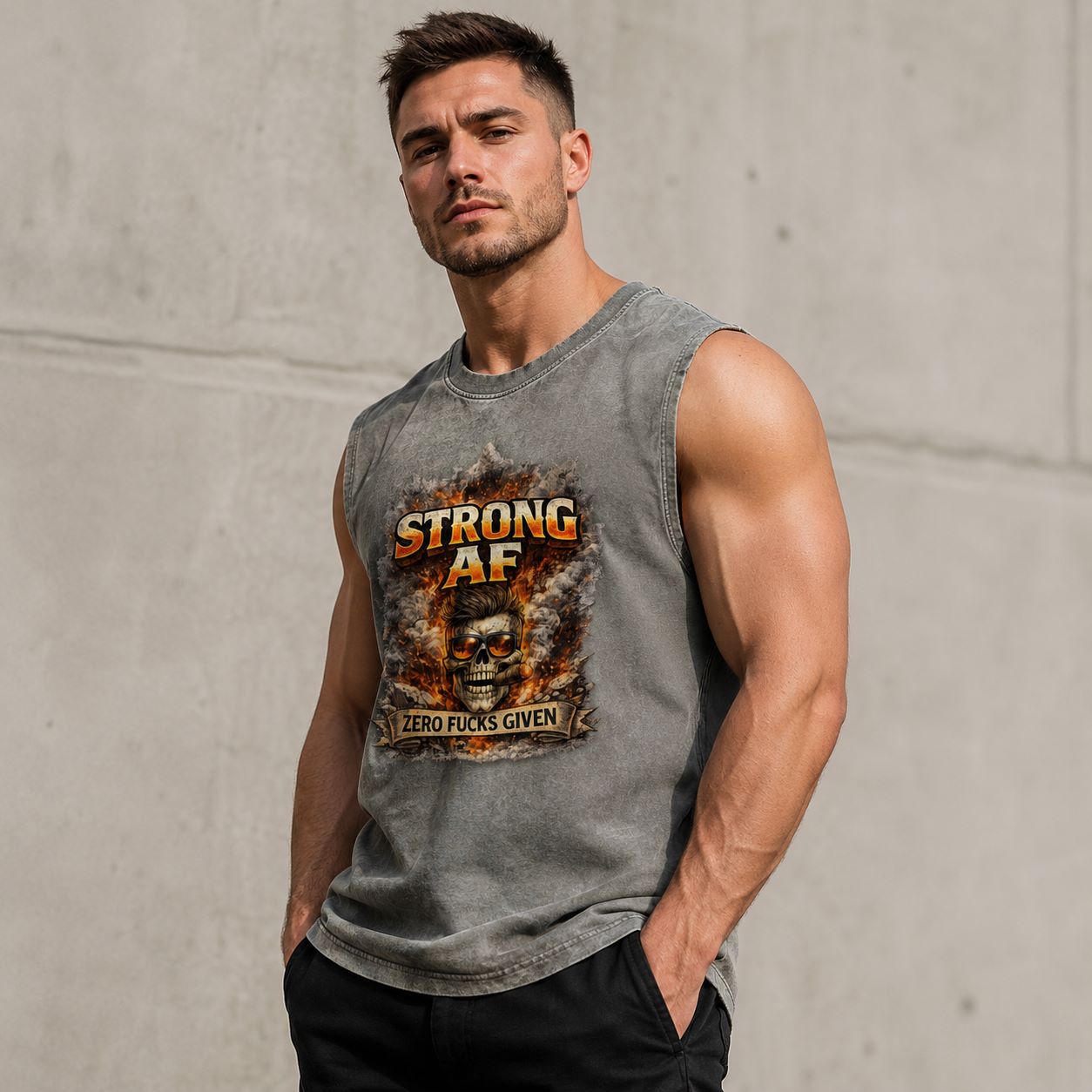 Man wearing a sleeveless shirt with 'STRONG AF' text against a concrete wall.