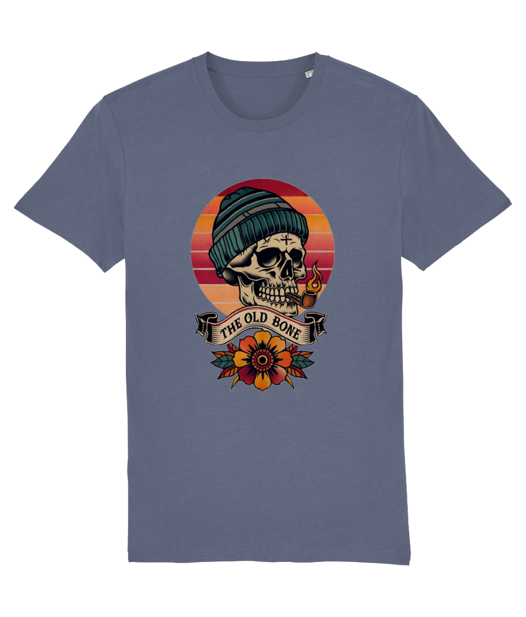 Blue t-shirt with a skull wearing a beanie and sunglasses design on a white background