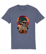 Blue t-shirt with a skull wearing a beanie and sunglasses design on a white background