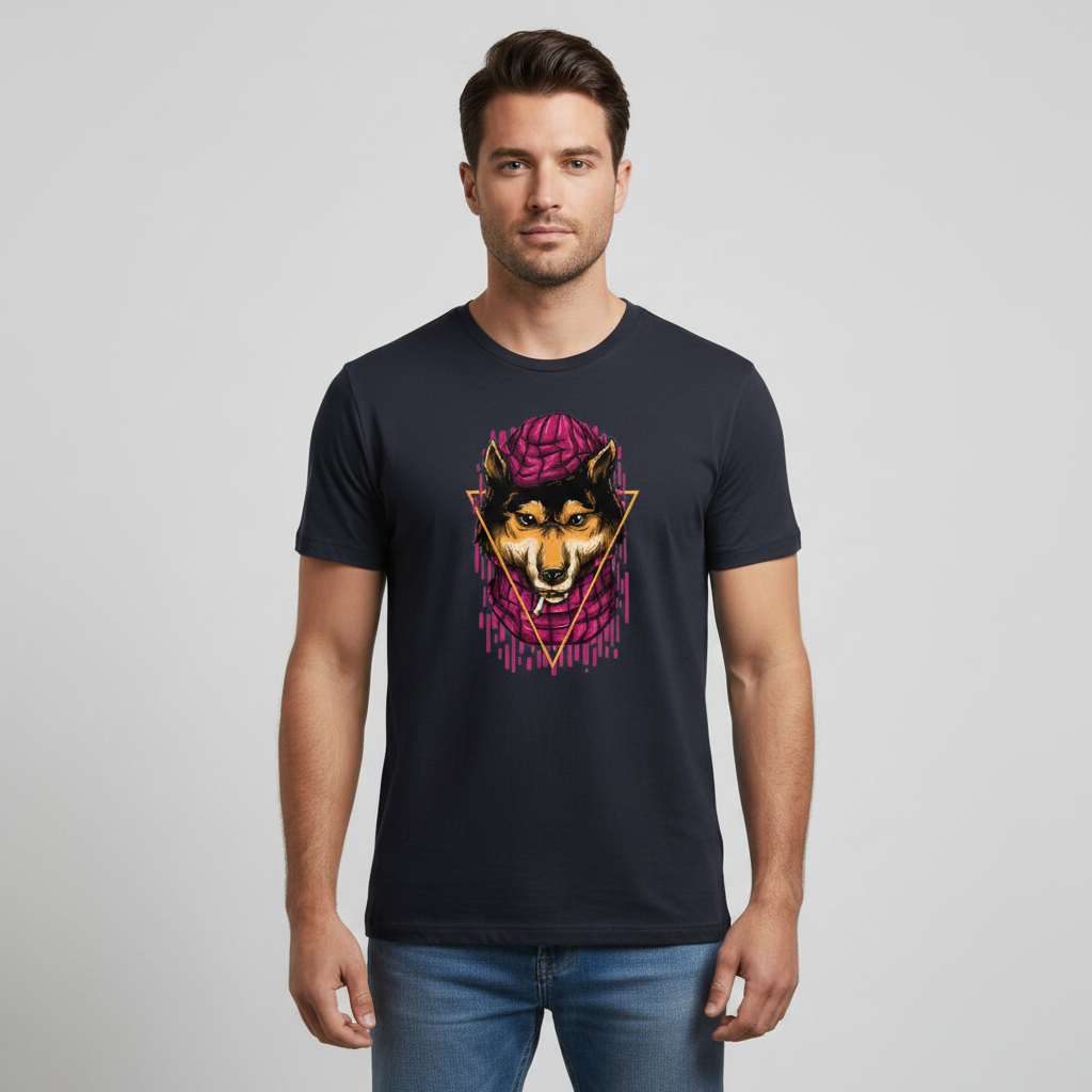 Navy blue t-shirt with a graphic of a wolf wearing a brain helmet on a white background