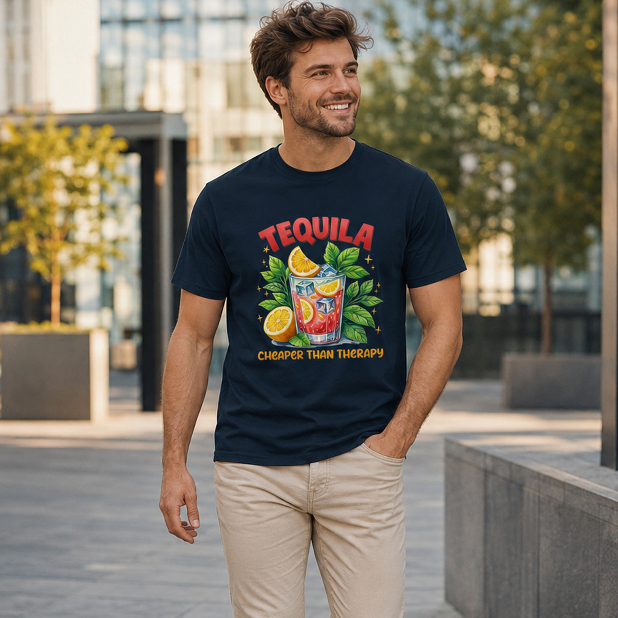 ''Cheaper Than Therapy'' Tequila Graphic Tee for Men