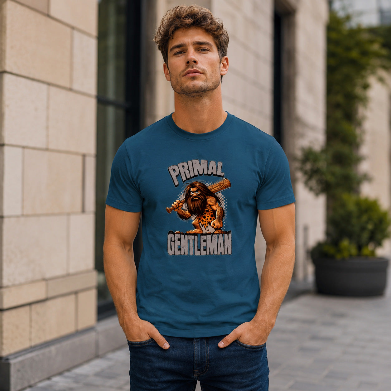 Man wearing a blue t-shirt with 'Primal Gentleman' graphic design outdoors.