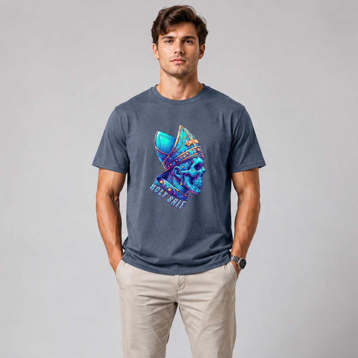 Men's Graphic Tee with "Holy Shit" and Bishop Skull