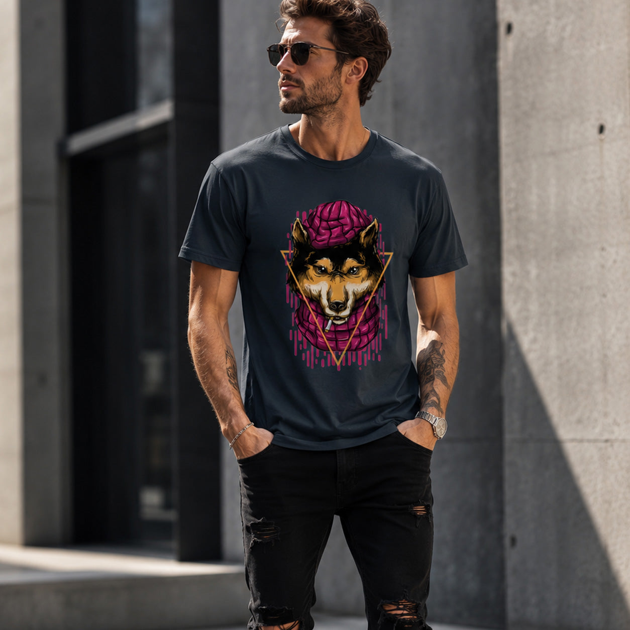 Man wearing a black t-shirt with a graphic design of a wolf and colorful elements, standing against a concrete wall.