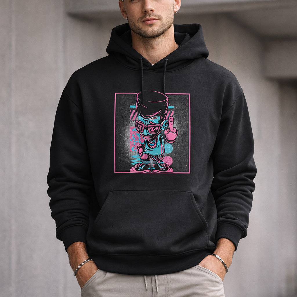 A person wearing a black hoodie with a colorful graphic of a cartoon character in a top hat and sneakers, set inside a neon-accented square. The individual stands against a blurred gray background.