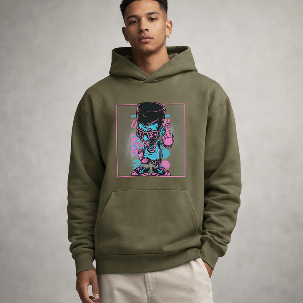 A young man wearing an olive green hoodie with a colorful graphic of a cartoon character in a hat making a peace sign. The background is plain and neutral.