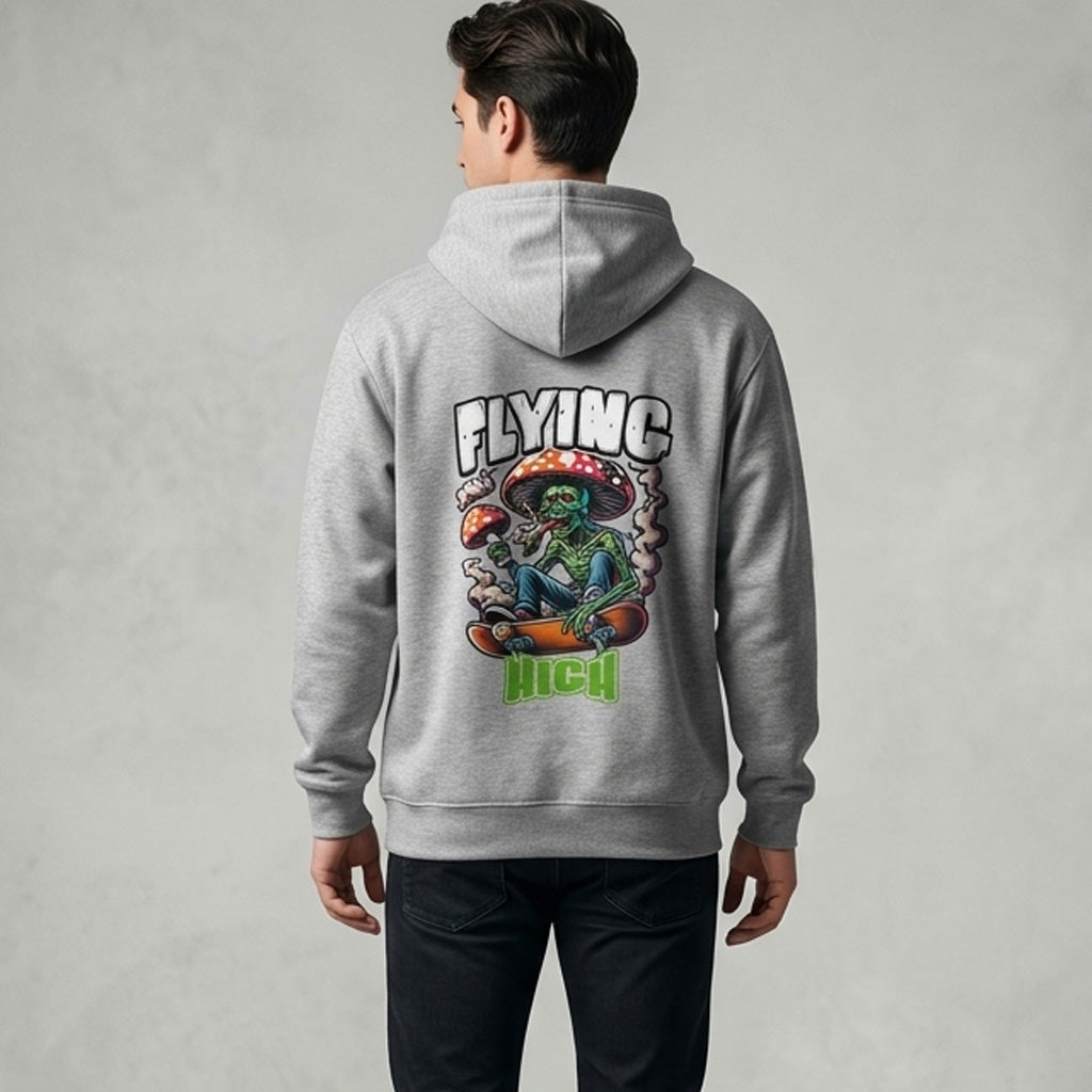 Man wearing a gray hoodie with a colorful graphic and 'Flying High' text on the back against a plain background