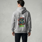 Man wearing a gray hoodie with a colorful graphic and 'Flying High' text on the back against a plain background