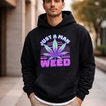 Man wearing a black hoodie with a purple cannabis leaf design and text.
