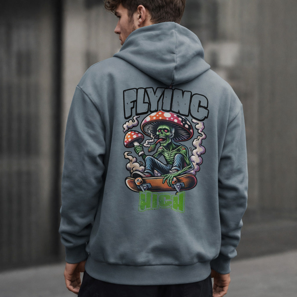 Man wearing a gray hoodie with a colorful graphic on the back, featuring text and a skeleton on a skateboard.