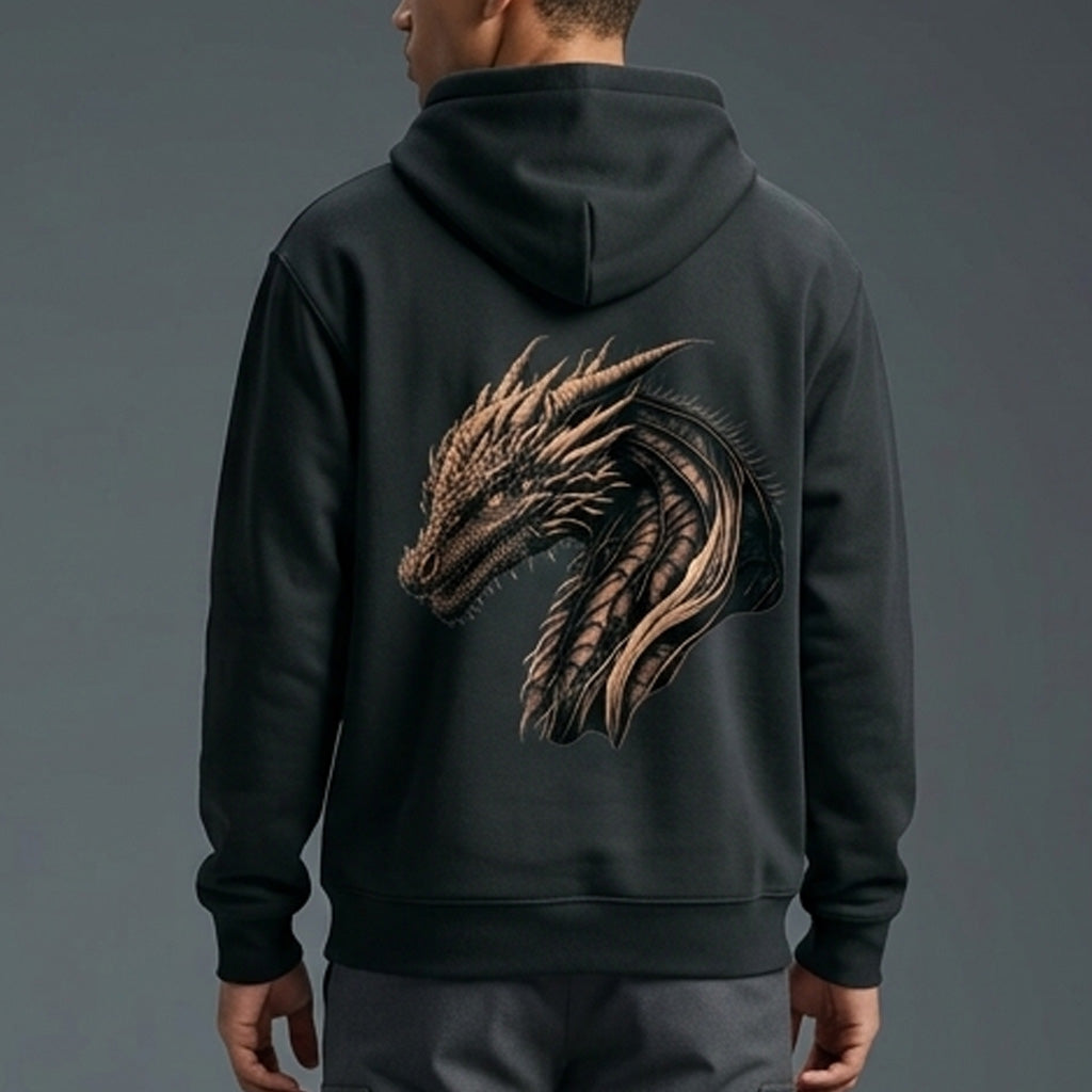 A person wearing a black hoodie with a large, detailed golden dragon head design on the back, facing away from the camera against a plain gray background.